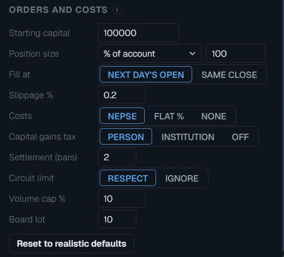 Orders and costs with the realistic default settings