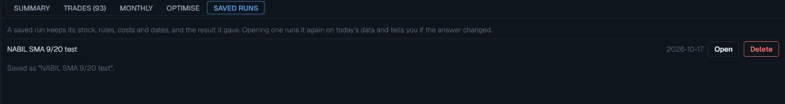 The saved runs list with Open and Delete